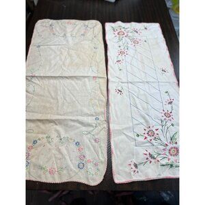 Handmade Vintage Floral Embroidered Linen Table Runners Set 17" x 39" & 16" x 38